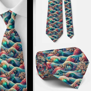 Beach Lovers Tie   Holographic Ocean Coral Pattern