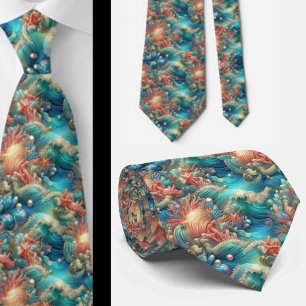 Beach Lovers Tie   Holographic Ocean Coral Pattern