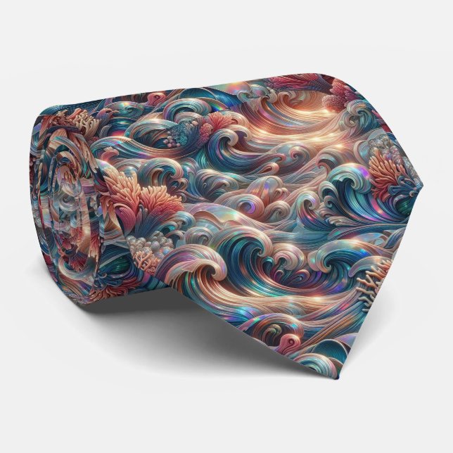 Beach Lovers Tie | Holographic Ocean Coral Pattern (Rolled)
