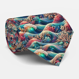 Beach Lovers Tie   Holographic Ocean Coral Pattern