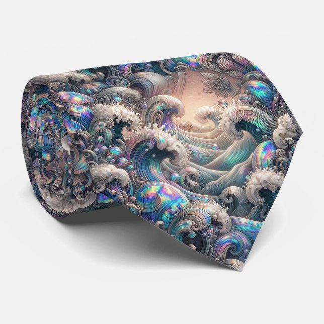 Beach Lovers Tie | Holographic Ocean Coral Pattern (Rolled)