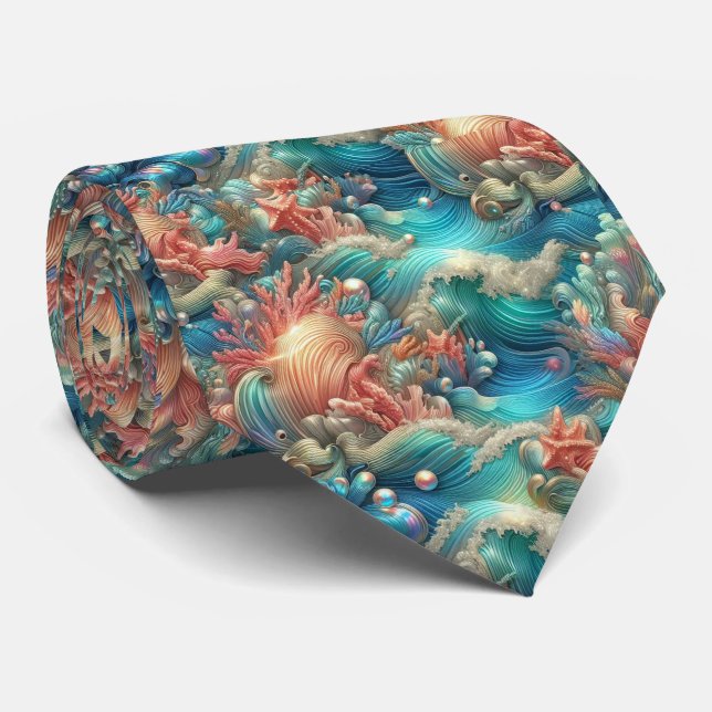 Beach Lovers Tie | Holographic Ocean Coral Pattern (Rolled)