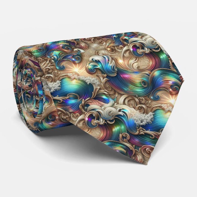 Beach Lovers Tie | Holographic Ocean Waves Pattern (Rolled)