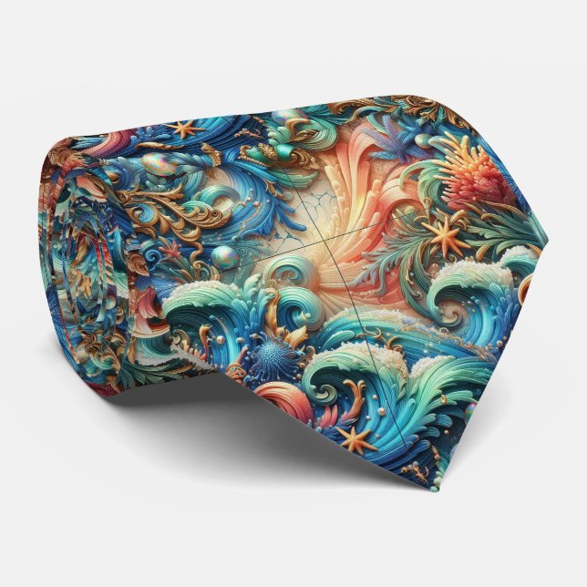Beach Lovers Tie | Rainbow Ocean Coral Pattern (Rolled)