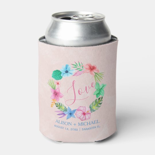 Beach Luau Pink Blue Your Names Tropical Wedding Can Cooler Zazzle Beach Luau Pink Blue Your Names Tropical Wedding Can Cooler