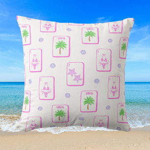 Beach Mahjong Bikini Starfish Palm Tree Coastal Throw Pillow