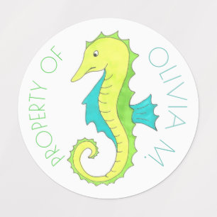 Beach Marine Life Sea Horse Green Blue Seahorse Kids' Labels
