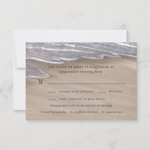 Beach Meal Choice Sand Hearts Elegant Wedding RSVP Card - Design features an elegant beach with hearts in the sand (on the back of each card) that you can "draw" the names of your choice in. You can enlarge shorter names or shrink longer names if needed to fit properly within the hearts under the "customize further" link that's below the template demo fields above (use the arrow scroll within that field box).