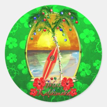 Beach Mele Kalikimaka Classic Round Sticker by BailOutIsland at Zazzle