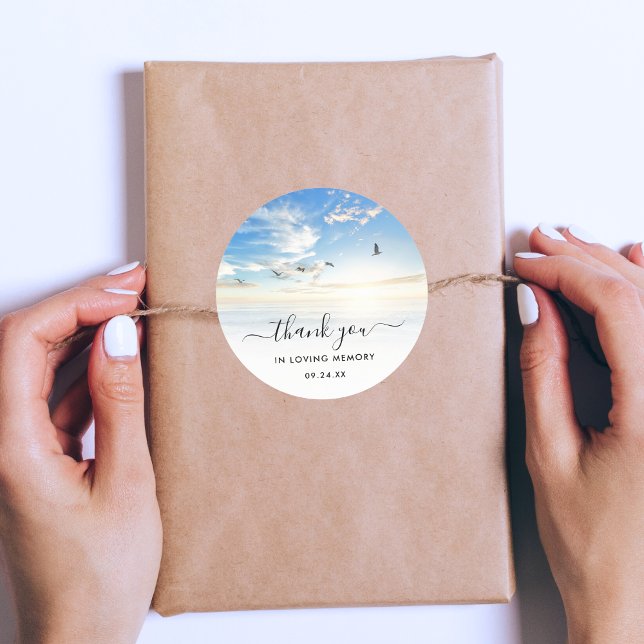 Beach Memorial Seaside Ocean Thank You Classic Round Sticker (Beach Memorial Thank You Stickers)