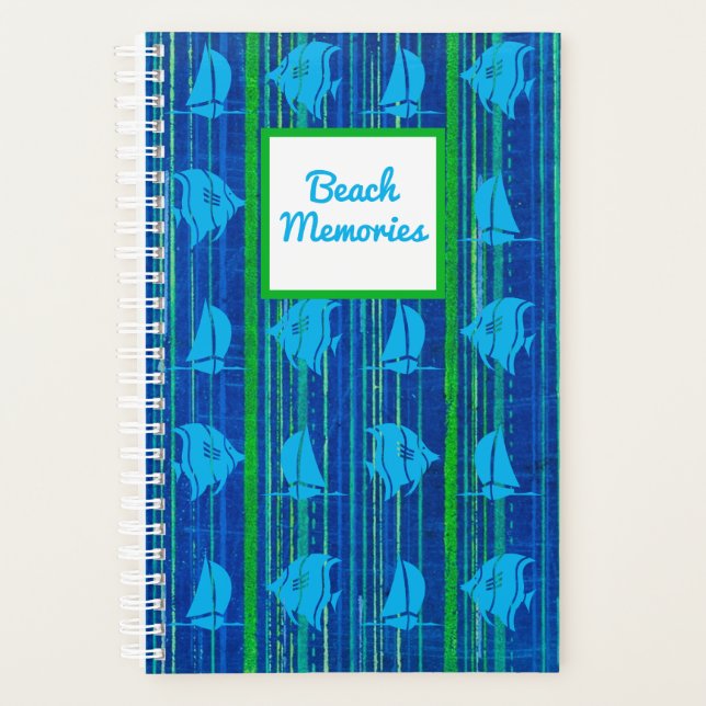 Beach Memories Nautical Blue Green Stripe Notebook (Front)