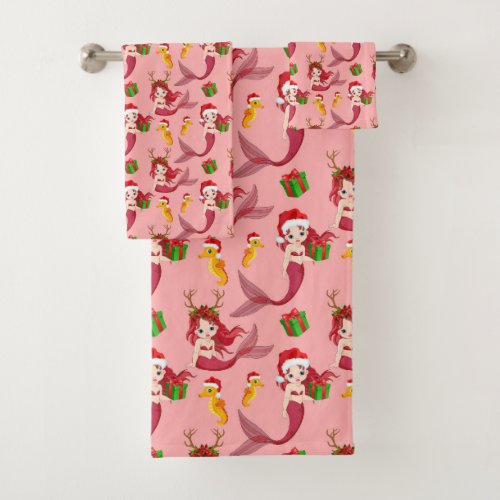 Beach mermaid and seahorse Christmas Bath Towel Set