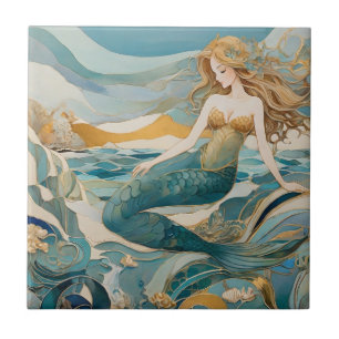Beach Mermaid by the Sea Turquoise Gold Left side Ceramic Tile