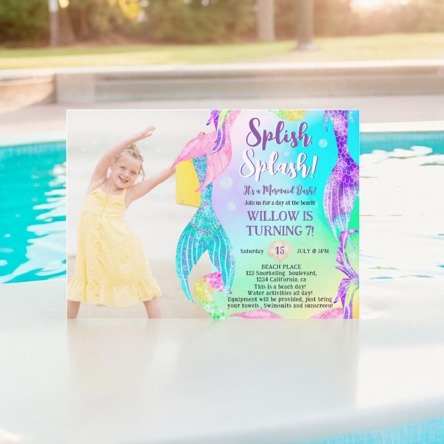 Beach mermaid tails ocean photo Kids birthday Invitation (Beach mermaid tails ocean photo Kids birthday Invitation)