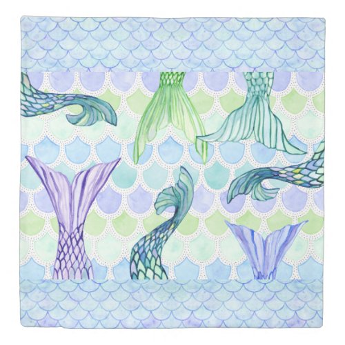 Beach Mermaid Tails Whimsical Watercolor Pattern Duvet Cover