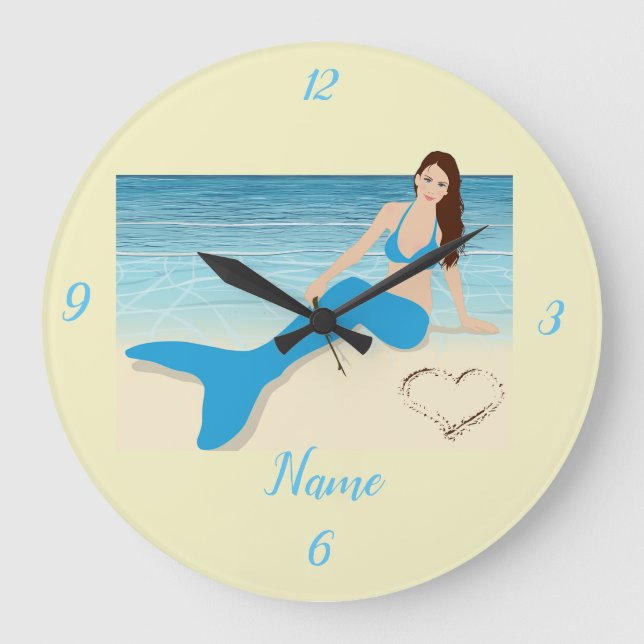 Beach Mermaid Valentine Thunder_Cove Large Clock (Front)
