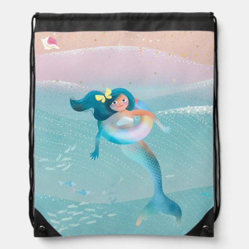 Beach Mermaids illustration Drawstring Bag
