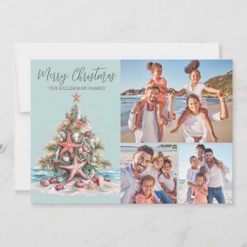 Beach Merry Christmas Family 3 Photo Collage Holiday Card