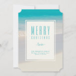 Beach "Merry Christmas" Personalized Holiday Card<br><div class="desc">This Christmas holiday tropical beach design can be personalized with your salutation, family name (surname), and first names. The text "Merry Christmas" is set in a popular modern text. The turquoise blue typography is place on an off-white label and set on top of a photo of a tropical beach scene...</div>