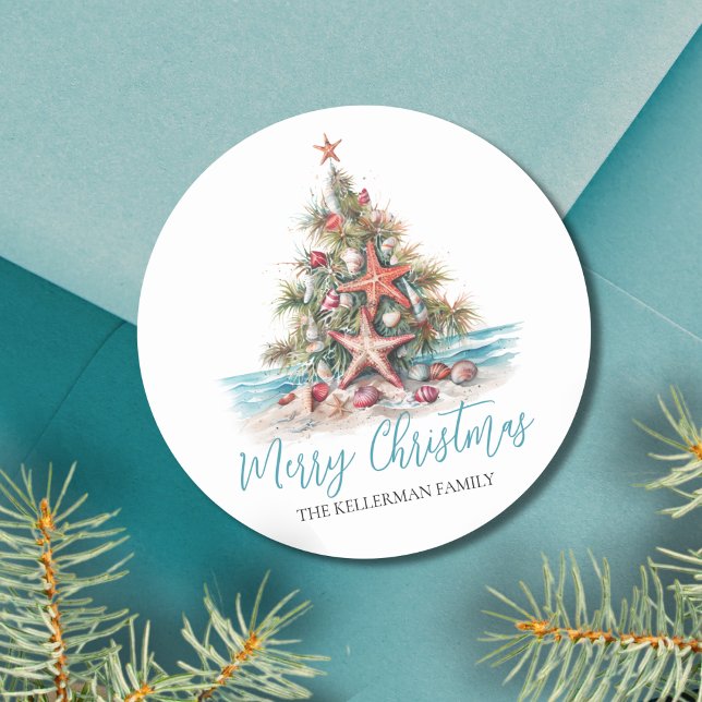 Beach Merry Christmas Tree Classic Round Sticker (Happy Holidays Beach Christmas Tree Classic Round Sticker)
