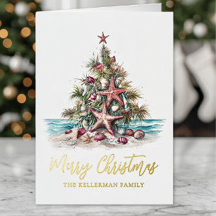 Beach Merry Christmas Tree Foil Greeting Card