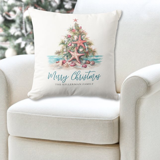 Beach Merry Christmas Tree Throw Pillow (Beach Merry Christmas Tree Throw Pillow )