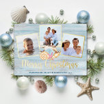 Beach Merry Christmas Wood Photo Coastal Gold Foil Holiday Card<br><div class="desc">Send warm Christmas wishes from the beach with this personalized coastal holiday card with 3 photos,  and “Merry Christmas” script calligraphy printed with real gold foil. In the center is a group of watercolor seashells,  with a beach wood background.</div>