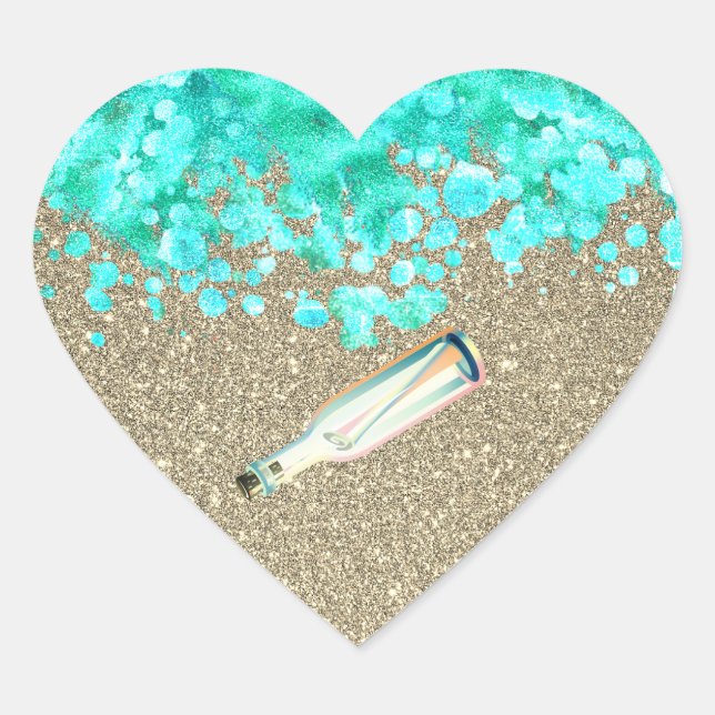 Beach message in a bottle ocean sand gold teal heart sticker (Front)