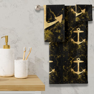 beach minimalist chic gold anchor black marble bath towel set
