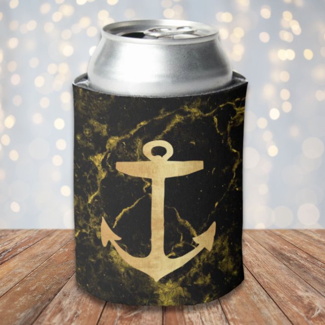 beach minimalist chic gold anchor black marble can cooler (beach minimalist chic gold anchor black marble can cooler)