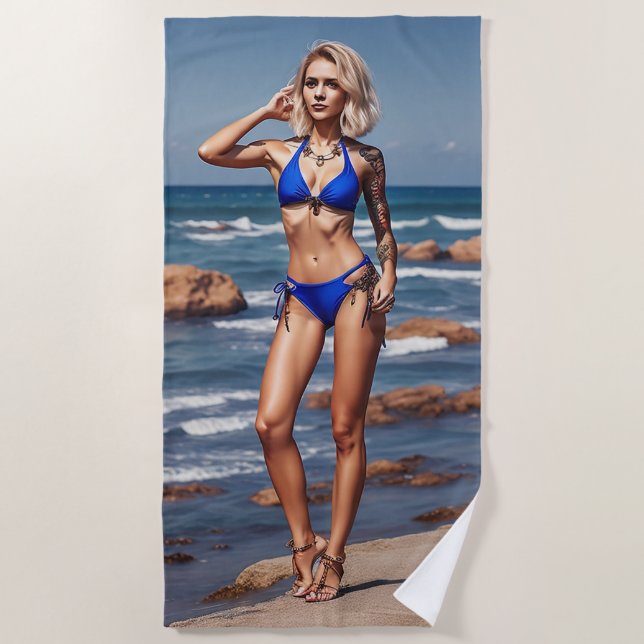 Beach model girl pose in bikini Beach Towel (Front)