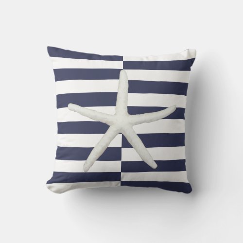 Beach Modern Starfish Bold Striped Navy and White Throw Pillow
