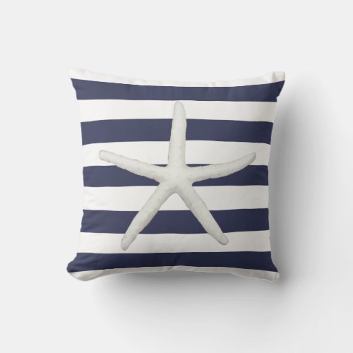 Beach Modern Starfish Simple Stripe Navy and White Throw Pillow