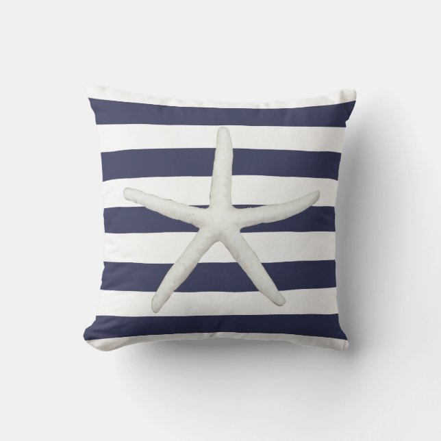 Beach Modern Starfish Simple Stripe Navy and White Throw Pillow (Front)