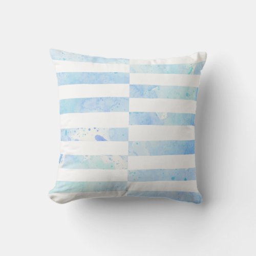 Beach Modern Watercolor Wash Stripe Blue n White Throw Pillow