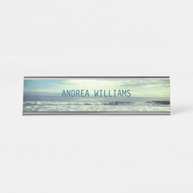 Beach Monogram Name Blue Waves Abstract Water Desk Name Plate (Front)