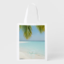 Beach Monogram Turquoise Paradise Palm Tree Grocery Bag