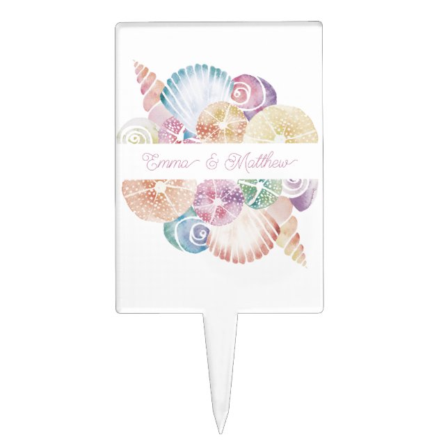 Beach Monogram Watercolor Sea Shells Wedding Logo Cake Topper (Front)