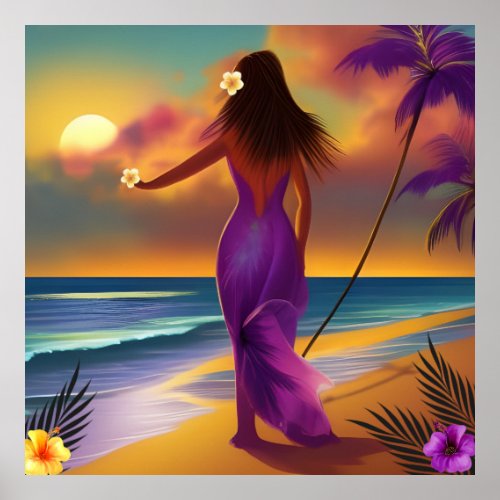 Beach moonlight blue purple hibiscus flowers woman poster