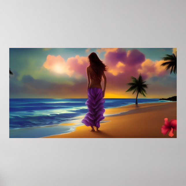 Beach moonlight stroll woman blue sea purple palms poster (Front)