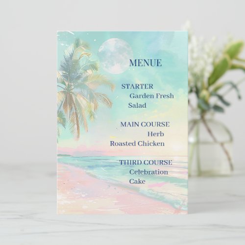Beach Moonlight Watercolor Wedding Menu