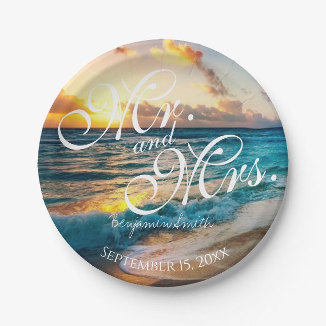 Beach Mr and Mrs Personalized Wedding Reception Paper Plates (Front)