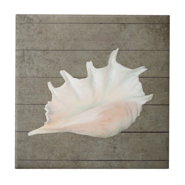 Beach Nautic Seashell Conch Tropical Island Wood Ceramic Tile (Front)