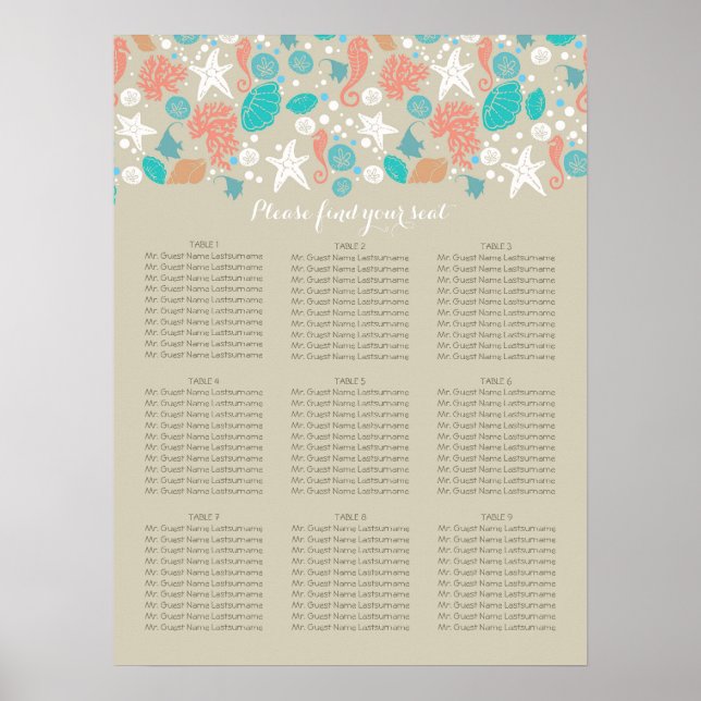 Beach Nautical Coastal Sea Wedding Seating Charts (Front)