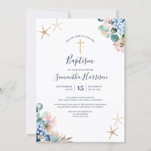 Beach Nautical Floral Baby Girl Baptism Invitation