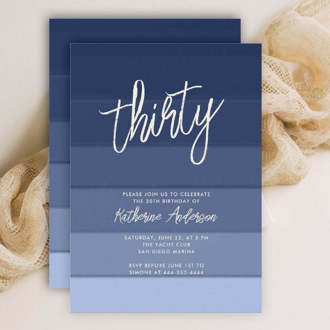 Beach Nautical Navy Stripes Modern 30th Birthday Invitation (30TH birthday invitation her coastal nautical boat yacht beach waterfront ocean marina stripes)