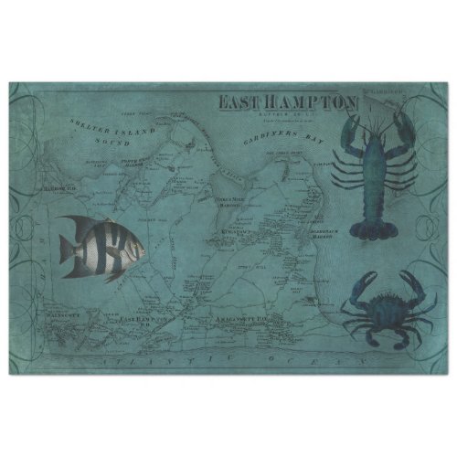 Beach Nautical Ocean Lobster Crab East Hampton Map Tissue Paper