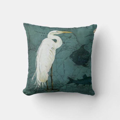 Beach Nautical Ocean Map Watercolor Heron Bird Throw Pillow