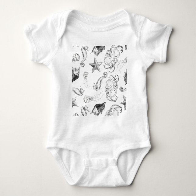 Beach Nautical Ocean Theme Black and White Ink Baby Bodysuit (Front)