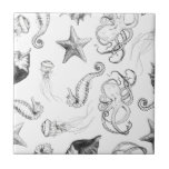 Beach Nautical Ocean Theme Black and White Ink Ceramic Tile